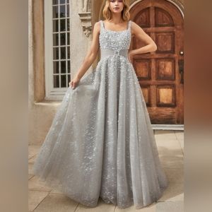 New designer taupe long pearl and crystal ball gown with belt